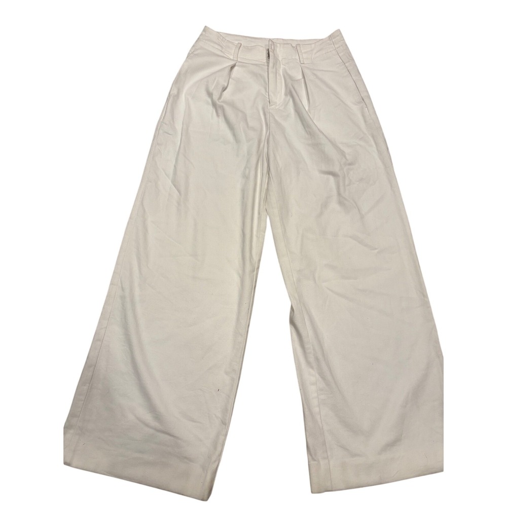 Goelia White High Waisted Wide Leg Pleated Trousers Cotton Twill Pants Womens 28